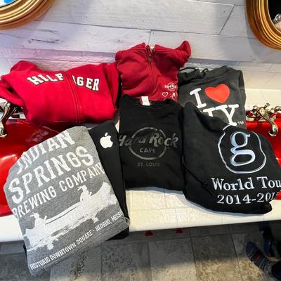 Lot 65 womens hoodies NY, Hard Rock, Hilfiger, Apple, Garth Brooks (S, M, L)