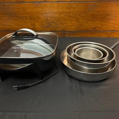 Presto Electric Skillet, Vintage Stainless Steel Bowls and Farberware Skillet