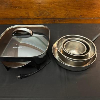 Presto Electric Skillet, Vintage Stainless Steel Bowls and Farberware Skillet