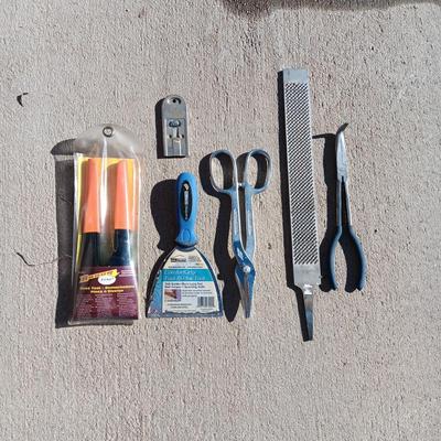 RIVET TOOL, SNIPS, LARGE FILE, NEEDLE NOSE PLIERS, PUTTY KNIFE AND BLADE SCRAPER