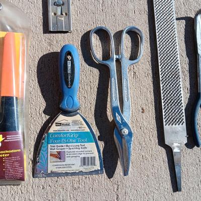 RIVET TOOL, SNIPS, LARGE FILE, NEEDLE NOSE PLIERS, PUTTY KNIFE AND BLADE SCRAPER