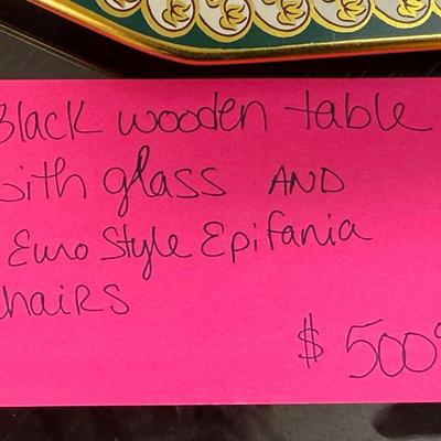 Lot 6: Black Wooden Table with Glass & Chairs & More