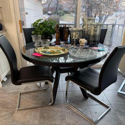 Lot 6: Black Wooden Table with Glass & Chairs & More