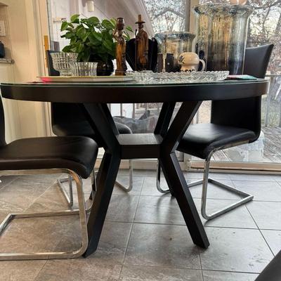 Lot 6: Black Wooden Table with Glass & Chairs & More