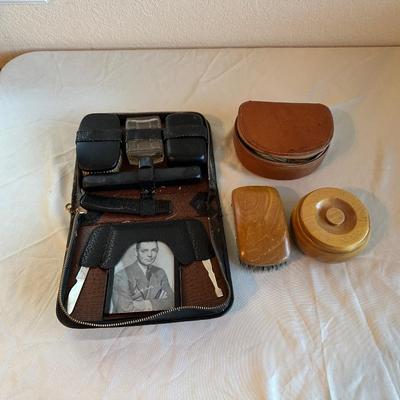 MEN'S TRAVEL GROOMING KIT, WOODEN BOWL W/LID, OLD ELECTRIC SHAVER & A BRUSH W/WOODEN HANDLE
