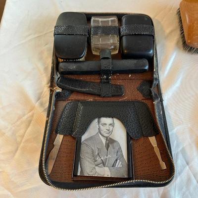 MEN'S TRAVEL GROOMING KIT, WOODEN BOWL W/LID, OLD ELECTRIC SHAVER & A BRUSH W/WOODEN HANDLE