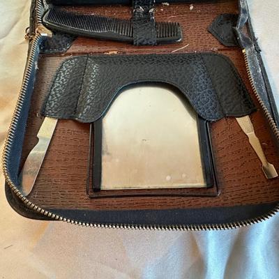 MEN'S TRAVEL GROOMING KIT, WOODEN BOWL W/LID, OLD ELECTRIC SHAVER & A BRUSH W/WOODEN HANDLE