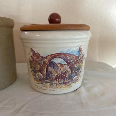 ZANE GREY AT THE RAINBOW BRIDGE COOKIE JAR AND A CLAY CROCK