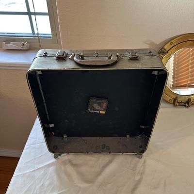 BOXED CLOCK WITH HANDLE AND BRASS PORTHOLE MIRROR