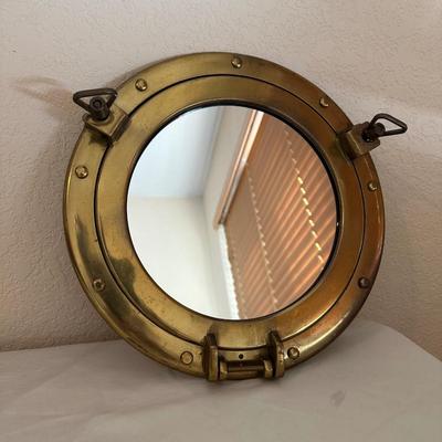 BOXED CLOCK WITH HANDLE AND BRASS PORTHOLE MIRROR