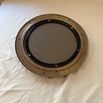 BOXED CLOCK WITH HANDLE AND BRASS PORTHOLE MIRROR