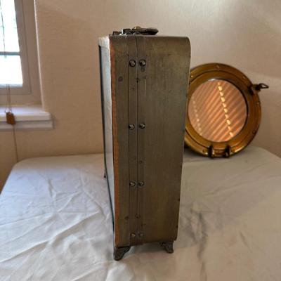 BOXED CLOCK WITH HANDLE AND BRASS PORTHOLE MIRROR