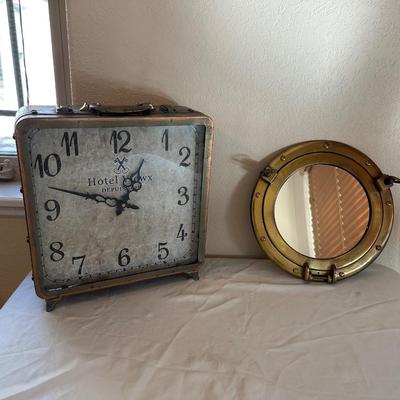 BOXED CLOCK WITH HANDLE AND BRASS PORTHOLE MIRROR