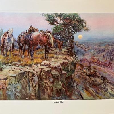 CM RUSSELL "TALES OF THE OLD WEST" 4 FAMOUS WESTERN PAINTINGS AND A HORSE STATUE