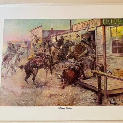 CM RUSSELL "TALES OF THE OLD WEST" 4 FAMOUS WESTERN PAINTINGS AND A HORSE STATUE