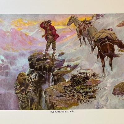 CM RUSSELL "TALES OF THE OLD WEST" 4 FAMOUS WESTERN PAINTINGS AND A HORSE STATUE