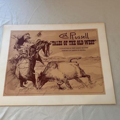 CM RUSSELL "TALES OF THE OLD WEST" 4 FAMOUS WESTERN PAINTINGS AND A HORSE STATUE