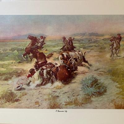 CM RUSSELL "TALES OF THE OLD WEST" 4 FAMOUS WESTERN PAINTINGS AND A HORSE STATUE
