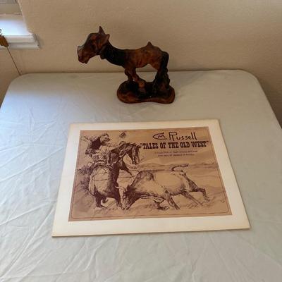 CM RUSSELL "TALES OF THE OLD WEST" 4 FAMOUS WESTERN PAINTINGS AND A HORSE STATUE