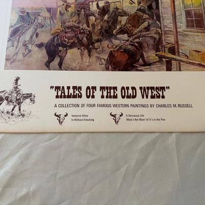 CM RUSSELL "TALES OF THE OLD WEST" 4 FAMOUS WESTERN PAINTINGS AND A HORSE STATUE