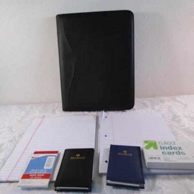 Portfolio with pad, 2 memo pads, 1 tablet, looseleaf paper, index cards