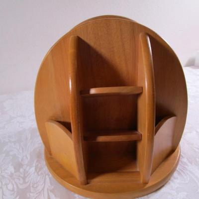 Solid wood desk caddy on a lazy susan