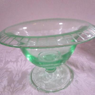 Vintage green depression glass footed dish