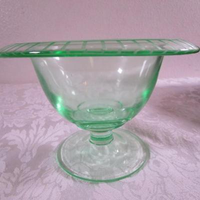 Vintage green depression glass footed dish