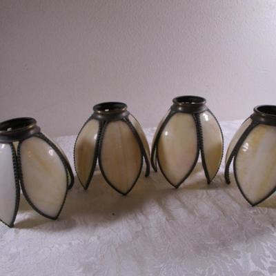 4 Antique slag glass lamp shades, 5-panel tulip