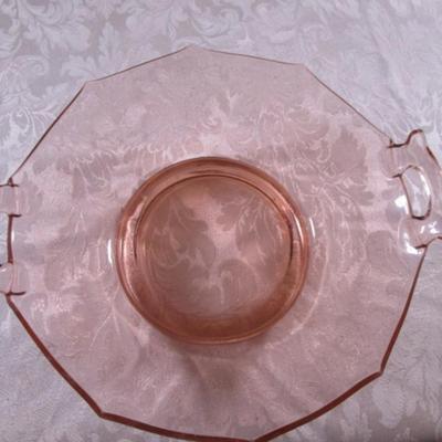 Vintage pink depression era glass double handled serving plate