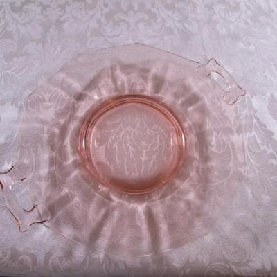 Vintage pink depression era glass double handled serving plate