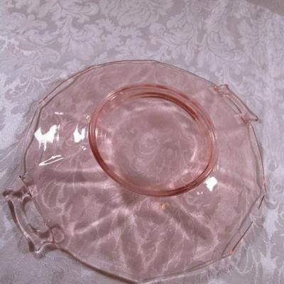Vintage pink depression era glass double handled serving plate
