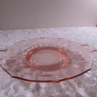 Vintage pink depression era glass double handled serving plate