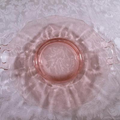 Vintage pink depression era glass double handled serving plate