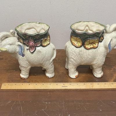 Vintage Ceramic Lucky Elephant Planter Vase Pair Japan