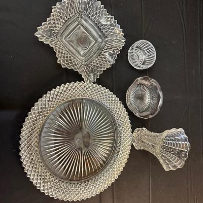 Lot of Vintage Clear Glass Dishes & Art Deco Style Vase