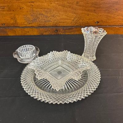 Lot of Vintage Clear Glass Dishes & Art Deco Style Vase