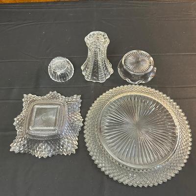 Lot of Vintage Clear Glass Dishes & Art Deco Style Vase