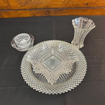 Lot of Vintage Clear Glass Dishes & Art Deco Style Vase