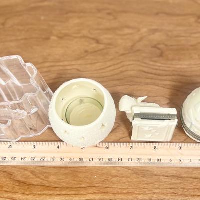 LOT 23B: Department 56 Snowbabies - "Tower of Light" Ice Castle Lamp, Egg Trinket box, Mini Photo Frames, Candle Holders &...