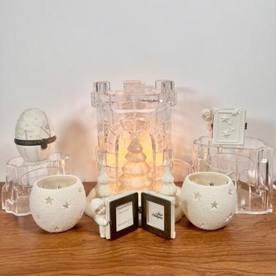 LOT 23B: Department 56 Snowbabies - "Tower of Light" Ice Castle Lamp, Egg Trinket box, Mini Photo Frames, Candle Holders &...