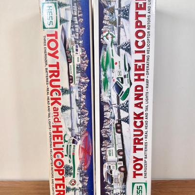 LOT 29B: Hess Trucks w/ Boxes - Toy Truck and Front Loader, Race Car and Racer & Toy Truck and Helicopter (2)