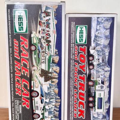 LOT 29B: Hess Trucks w/ Boxes - Toy Truck and Front Loader, Race Car and Racer & Toy Truck and Helicopter (2)