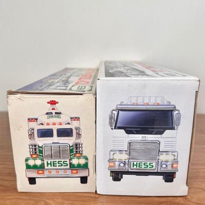 LOT 29B: Hess Trucks w/ Boxes - Toy Truck and Front Loader, Race Car and Racer & Toy Truck and Helicopter (2)