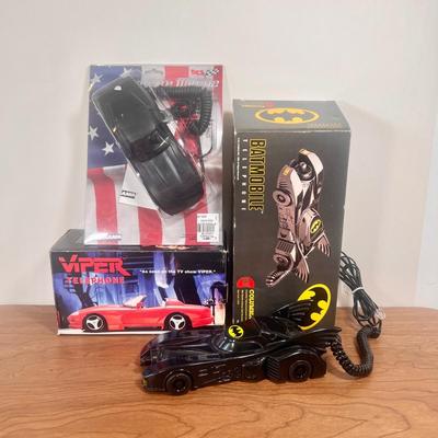 LOT 35A: NIB Novelty Phones - 1990 Columbia Batmobile Telephone, Telemania American Classics Corvette III & 1994 Paramount Viper
