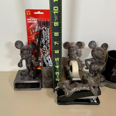 LOT 72 A: Disney Mickey Mouse Faux Marble Office Desk Set w/ NIP Pencils; Coaster, Pencil Holder, Tape Dispenser, & Stapler