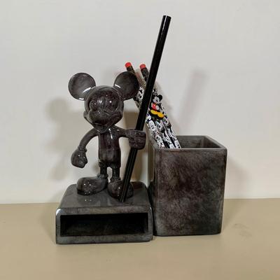 LOT 72 A: Disney Mickey Mouse Faux Marble Office Desk Set w/ NIP Pencils; Coaster, Pencil Holder, Tape Dispenser, & Stapler