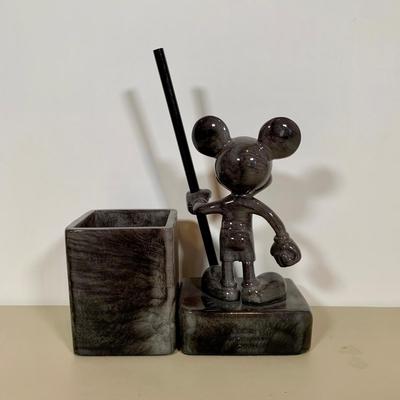 LOT 72 A: Disney Mickey Mouse Faux Marble Office Desk Set w/ NIP Pencils; Coaster, Pencil Holder, Tape Dispenser, & Stapler