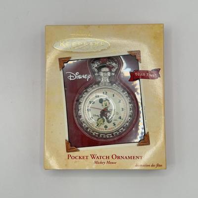 LOT 81B: NIP Disney Hallmark Keepsake Mickey Mouse Pocket Watch, NIP Mickey Watch & Mantle Clock Set & Cinderella's Coach