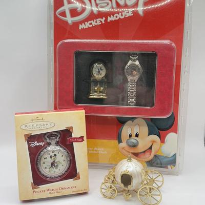 LOT 81B: NIP Disney Hallmark Keepsake Mickey Mouse Pocket Watch, NIP Mickey Watch & Mantle Clock Set & Cinderella's Coach